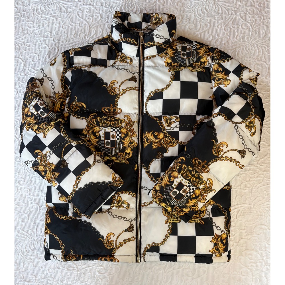 Forever‎ 21 Mens Baroque Chain Link Checkerboard Puffer Jacket Black Gold M/L